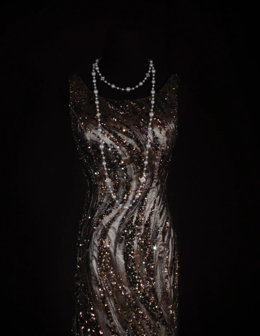 Retro Dark Brown Sleeveless Satin Sequin Beaded Long Evening Dress Birthday Dress D2290