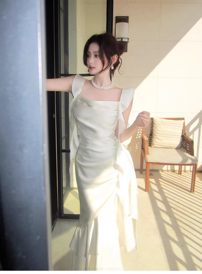 Elegant White Satin Ruffles Layered Mermaid Long Party Dress Prom Gown Formal Wedding Guest Dress SP1499