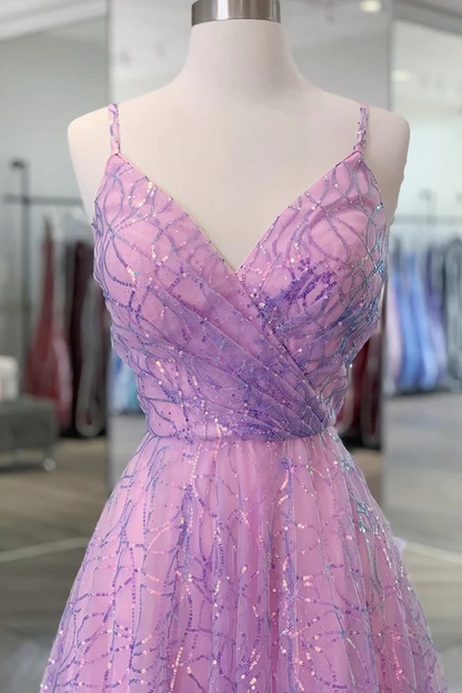 Shiny V Neck Backless Long Purple Prom Dress, Backless Purple Formal Graduation Evening Dress Y917