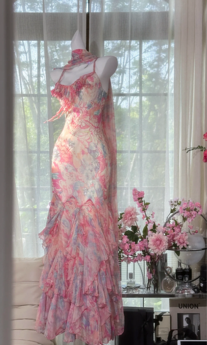 Elegant Spaghetti Straps Pink Chiffon Print Floral Beaded Mermaid Party Dress Prom Gown With Ribbon