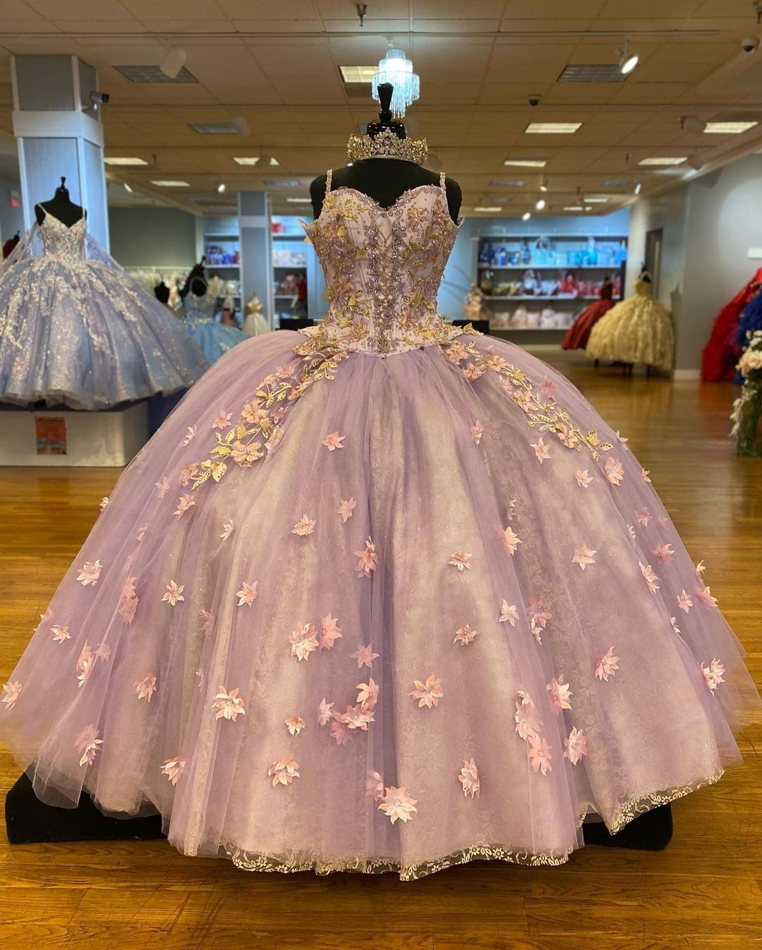 Pretty Spaghetti Straps 3D Flowers Adorned Court Train Quinceanera Ball Gown Lace Inside Y1247