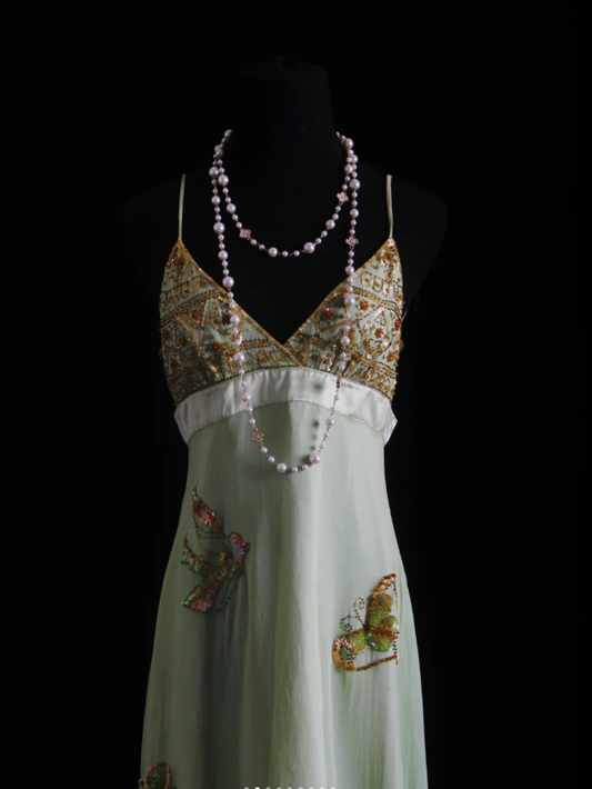 Classy Light Green Spaghetti Straps Chiffon Sequin Beaded Long Birthday Prom Dress Party Gown