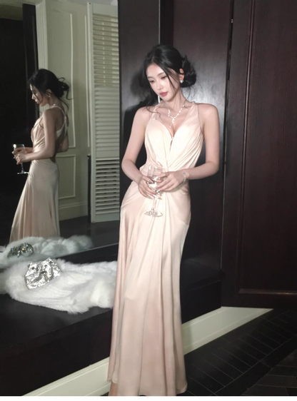 Classy Coral Powder Halter V Neck Satin Beaded Mermaid Long Party Dress Backless Evening Gown