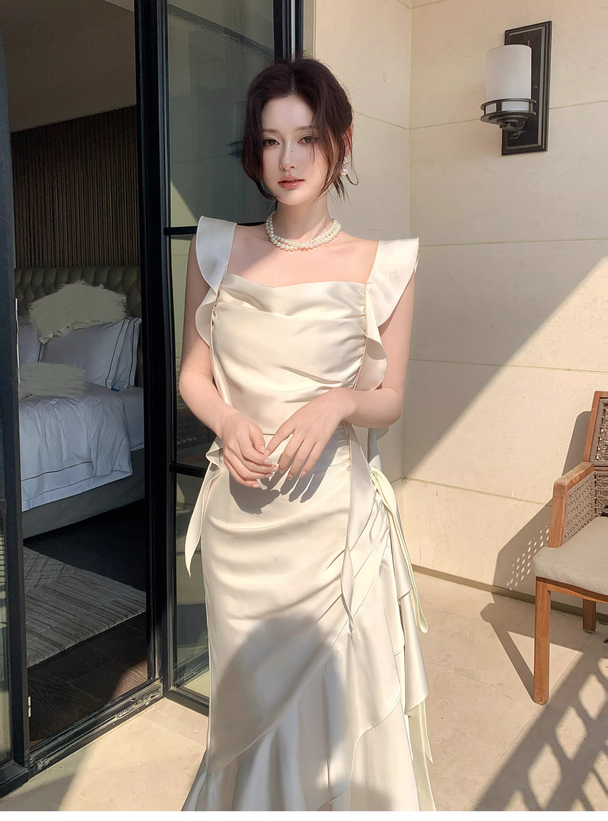 Elegant White Satin Ruffles Layered Mermaid Long Party Dress Prom Gown Formal Wedding Guest Dress SP1499