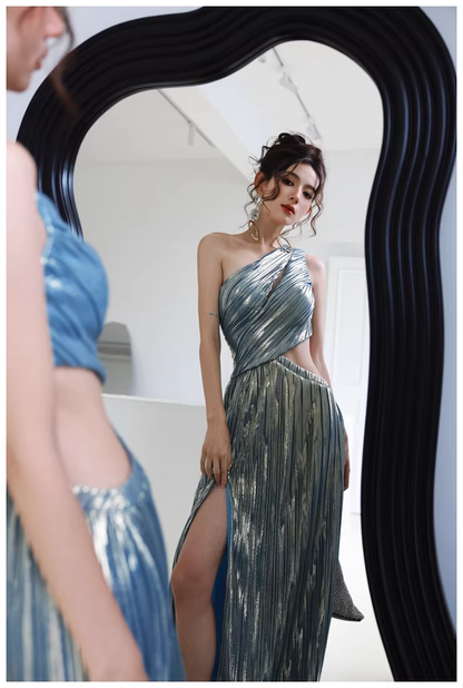 Sexy One Shoulder Satin Pleated Slit Long Wedding Guest Dress Blue Birthday Prom Dress Evening Gown