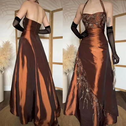 Vintage Halter Brown Satin Beaded Mermaid Evening Dress Long Party Dress Prom Gown With Gloves