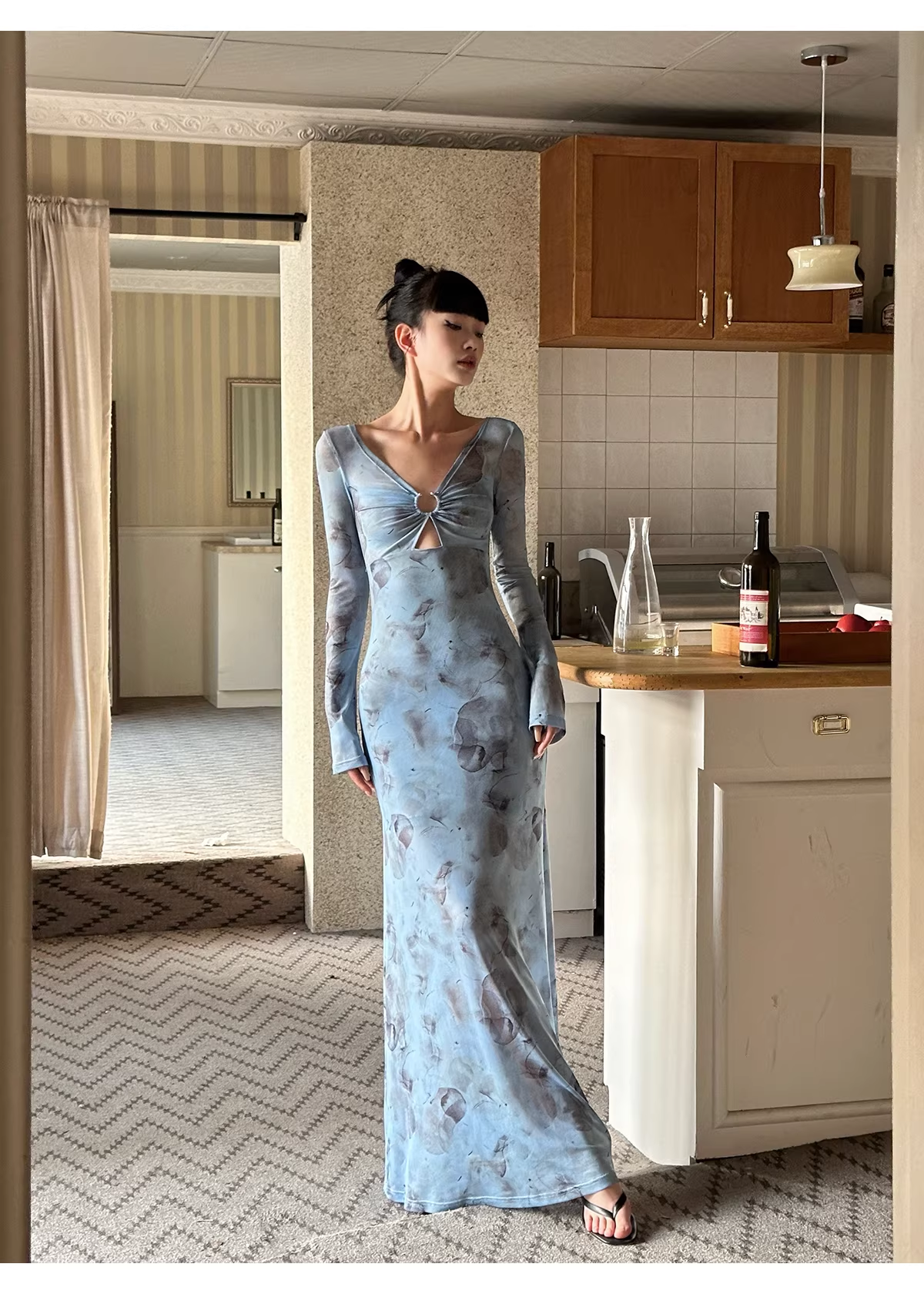 Charming V Neck Blue Lace Sheath Long Evening Dress Formal Wedding Guest Dress D2081