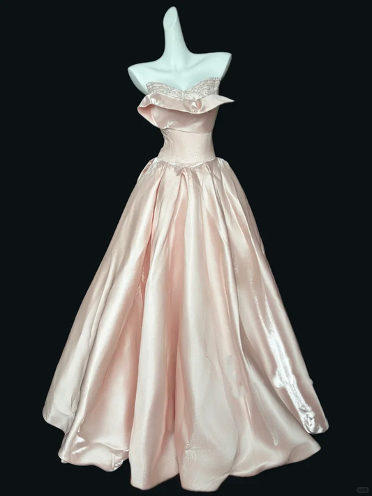 Classy Strapless Pink Satin Pleated Ball Gown Long Prom Dress