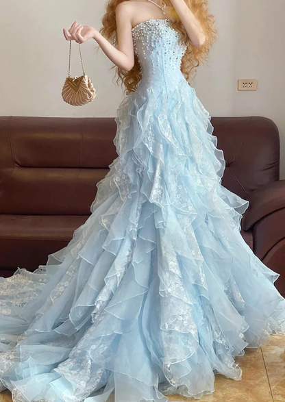 Classy Blue Strapless Tulle Lace Appliques Beaded Mermaid Long Evening Dress Birthday Prom Gown SP930