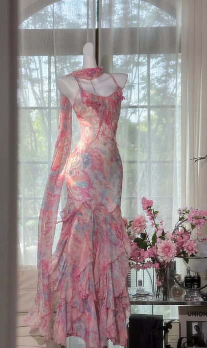 Elegant Spaghetti Straps Pink Chiffon Print Floral Beaded Mermaid Party Dress Prom Gown With Ribbon
