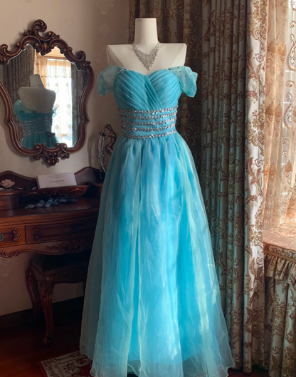 Cute Off The Shoulder Blue Tulle Beaded A Line Princess Party Dress Long Evening Gown