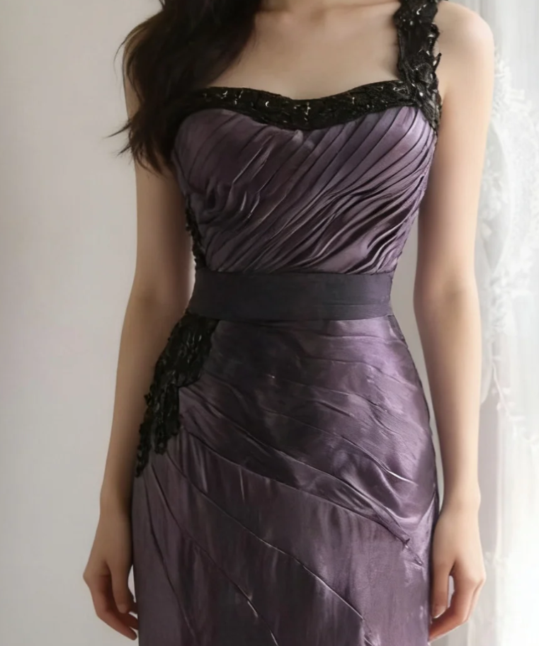Unique One Shoulder Purple Satin Pleated Tulle Appliques Long Party Dress Birthday Prom Dress D2321