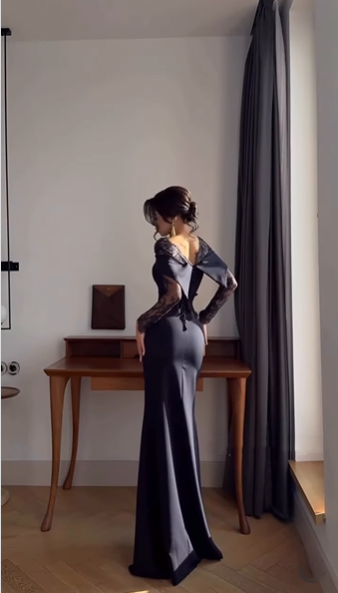 Fashion Off The Shoulder Navy Blue Satin Lace Mermaid Long Wedding Guest Dress Party Dress D1605