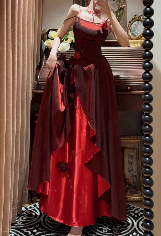 Vintage Spaghetti Straps Satin Beaded A Line Long Wedding Guest Dress,Burgundy Birthday Party Dress With 3D Flowers D2053