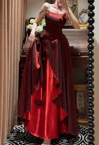 Vintage Spaghetti Straps Satin Beaded A Line Long Wedding Guest Dress,Burgundy Birthday Party Dress With 3D Flowers D2053