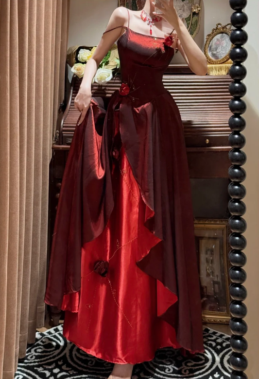 Vintage Spaghetti Straps Satin Beaded A Line Long Wedding Guest Dress,Burgundy Birthday Party Dress With 3D Flowers D2053