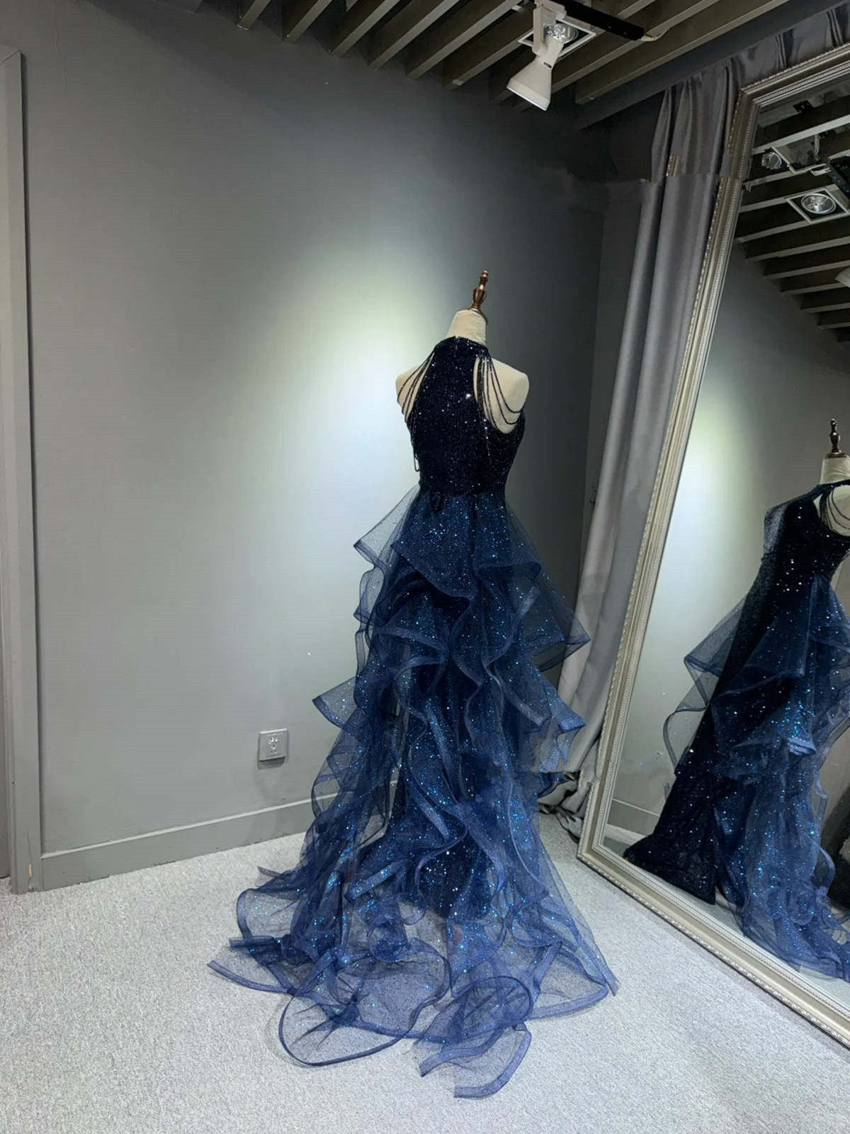Navy Blue Tulle and Sequins Long Party Dress, Blue A-line Prom Dress Evening Dress