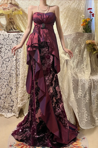Vintage Burgundy Satin Lace Mermaid Evening Dress Strapless Long Party Gown