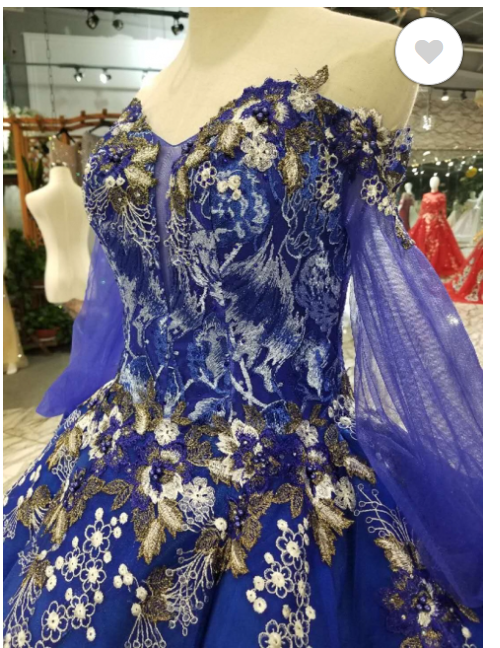 Off-the-Shoulder Long Sleeves Ball Gown Tulle Applique Court Train Prom Dress C1927