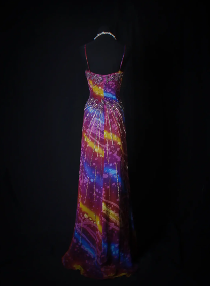 Unique V Neck Purple Spaghetti Straps Chiffon Beaded Mermaid Long Party Dress Evening Gown