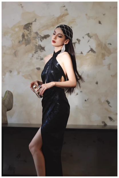 Sexy Black Halter High Slit Sheath Long Evening Dress Backless Prom Gowns