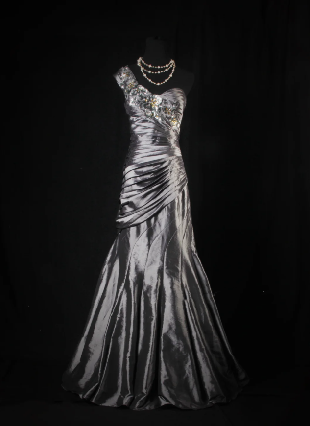 Fashion One Shoulder Satin Pleated Mermaid Long Party Dress Gray Birthday Prom Dress With Sequins D2228