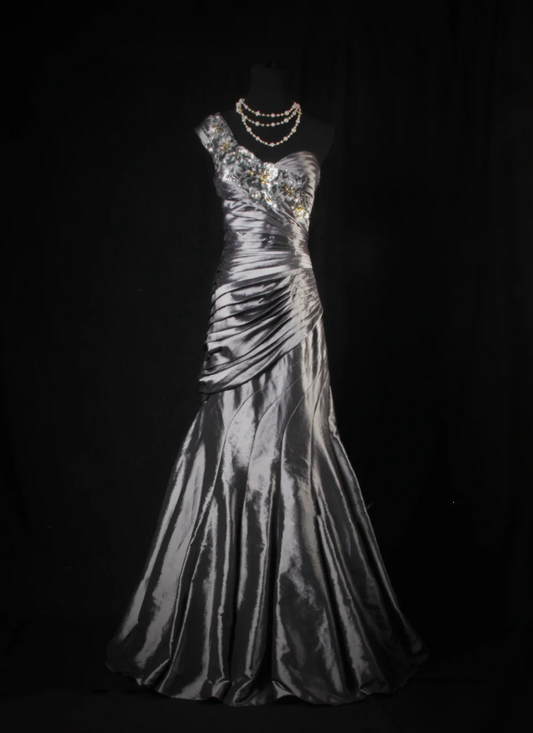 Fashion One Shoulder Satin Pleated Mermaid Long Party Dress Gray Birthday Prom Dress With Sequins D2228