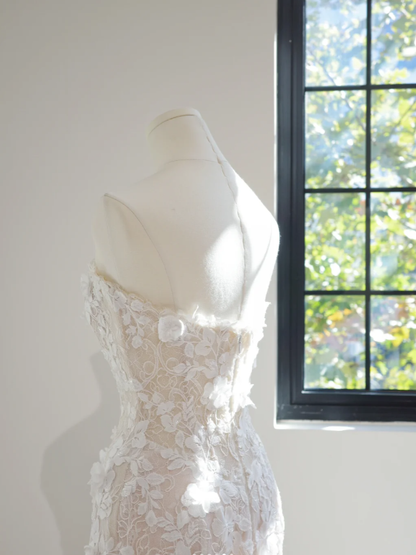 Charming White Strapless Lace Floral Mermaid Long Wedding Dress Formal Bridal Dress D2152