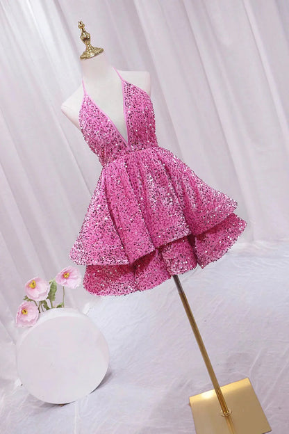 Pink V-Neck Sequins Short Prom Dress, Pink A-Line Backless Party Dress MD7410