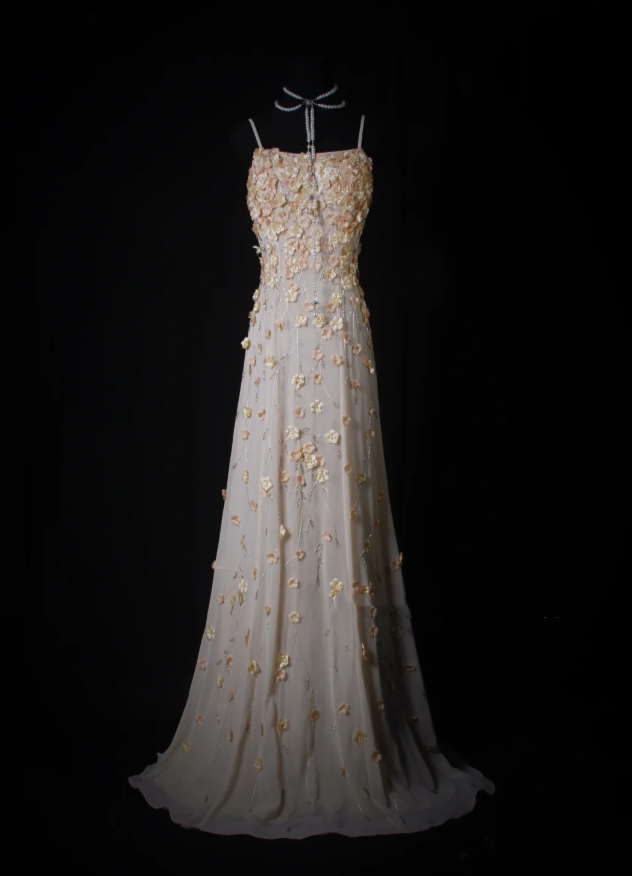 Fairy Spaghetti Straps Chiffon 3D Floral Beaded Mermaid Long Prom Dress Party Gown