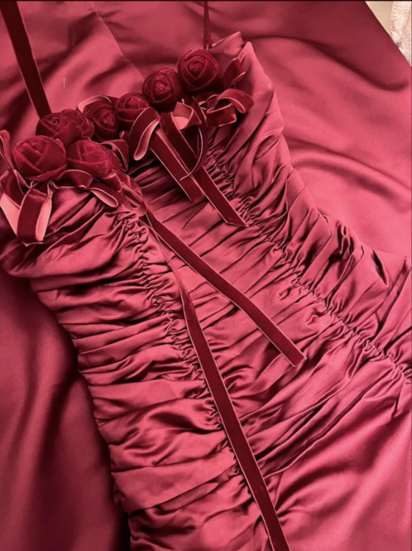Pretty Strapless Burgundy Satin Pleated Mermaid Party Dress Long Wedding Guest Dress With 3D Flowers D2055