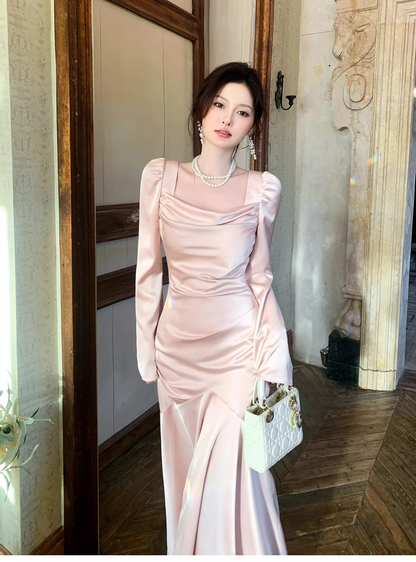 Sweet Pink Satin Mermaid Long Wedding Guest Dress Formal Evening Dress Prom Gown SP1649