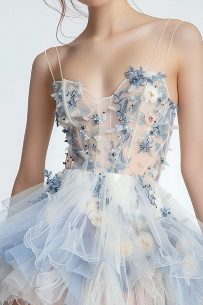 Classy Spaghetti Straps Tulle Beaded Applique A Line Short Birthday Outfits Formal Graduation Homecoming Dress D251