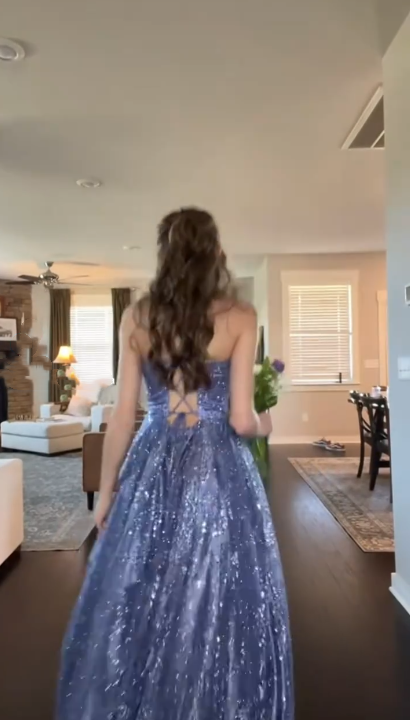 Shiny Spaghetti Straps Blue Tulle Sequin A Line Long Evening Dress Formal Birthday Party Gown