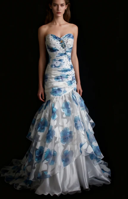 Elegant Sweetheart Neck Blue Tulle Print Floral Mermaid Long Prom Dresses Birthday Party Dress  D1516