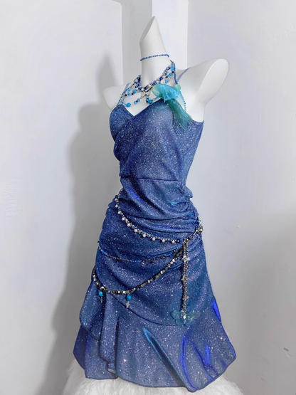 Glitter Spaghetti Straps Navy  Blue Ruffles Short Homecoming Dress Birthday Outfits  S607