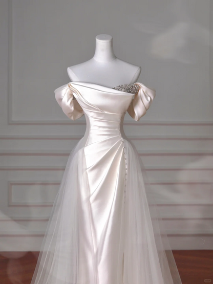 Elegant White off The Shoulder Satin Beaded Mermaid Evening Dress,Formal Prom Dress Wedding Dress Y8617
