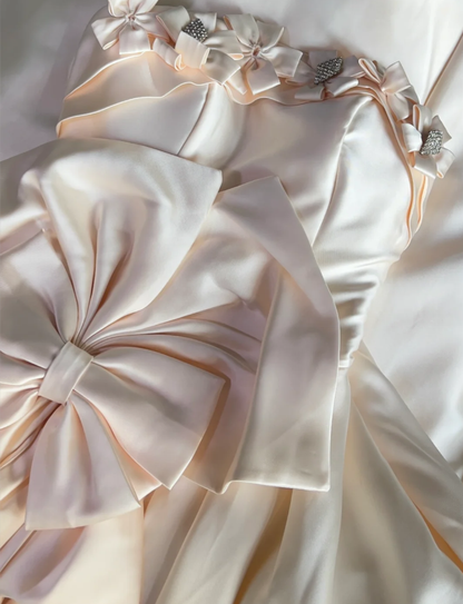 Cute Strapless Bow Satin Long Birthday Party Dress Evening Dress D1830