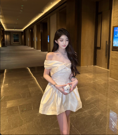Elegant One Shoulder Lace Satin A-line Dress Mini Birthday Outfit D1738