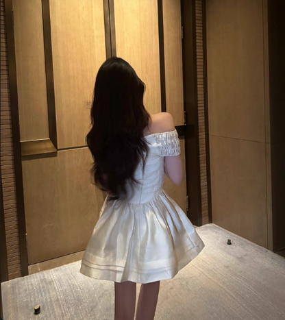 Elegant One Shoulder Lace Satin A-line Dress Mini Birthday Outfit D1738