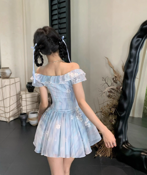 Seaside Lace Square Neckline Ruffle Floral Sweet 16 Dress Homecoming Dress D1755