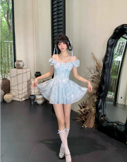 Seaside Lace Square Neckline Ruffle Floral Sweet 16 Dress Homecoming Dress D1755