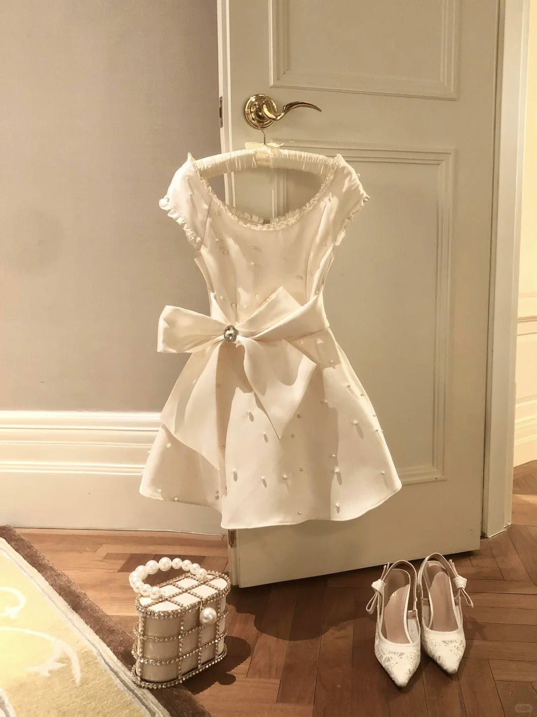 Cute A Line Crew Neck Pearl Crystal Bowknot Short Prom Dress Birthday Party  Sweet 16 Dress   D1782
