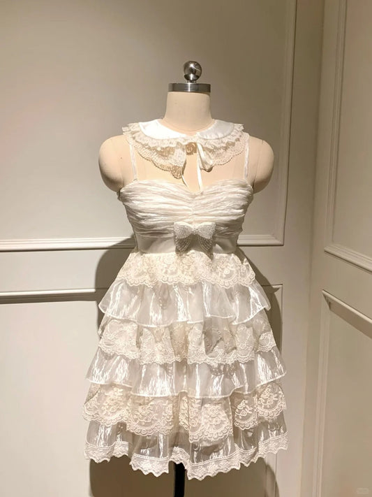 Pretty Spaghetti Straps Sweetheart Neckline Tiered Lace Organza Party Dress Homecoming Dress with Beading Bowknot  D1784