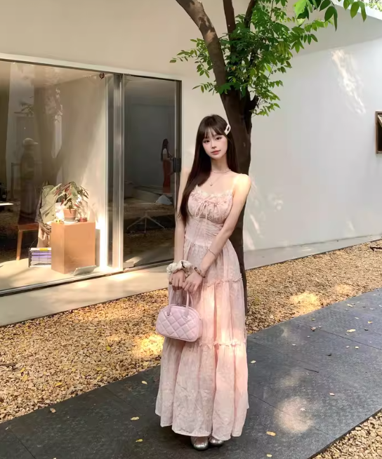 Cute A-Line Spaghetti Straps Lace-up Pleated Seaside Long Birthday Party Dress Women Dress Summer Dress D1790