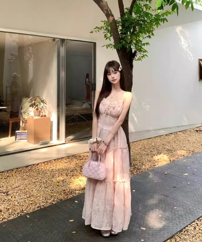 Cute A-Line Spaghetti Straps Lace-up Pleated Seaside Long Birthday Party Dress Women Dress Summer Dress D1790