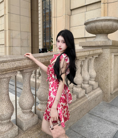 Sexy Seaside A-Line Straps Lace-up Printing Rose Short Outfits Dress Dating Dress Homecoming Dress D1791