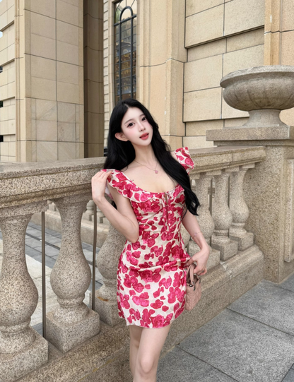 Sexy Seaside A-Line Straps Lace-up Printing Rose Short Outfits Dress Dating Dress Homecoming Dress D1791