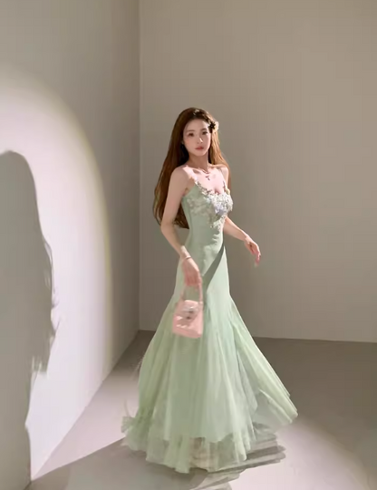 Seaside Vacation Spaghetti Straps Handmade Flower Tulle Mermaid Long Skirt Quinceanera Dress Women Dress Summer Dress D1792