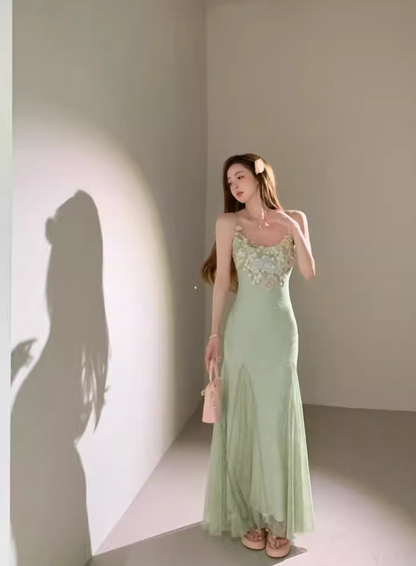 Seaside Vacation Spaghetti Straps Handmade Flower Tulle Mermaid Long Skirt Quinceanera Dress Women Dress Summer Dress D1792